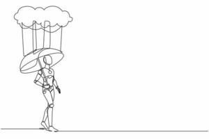 Continuous one line drawing robot with umbrella stand under rain cloud. Depression, passerby at rainy weather. Humanoid robot cybernetic organism. Single line draw design vector graphic illustration