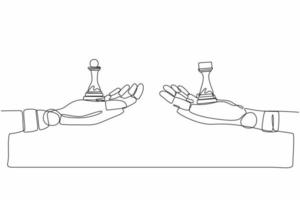 Manos de robots de dibujo de una sola línea continua con piezas de ajedrez de peón y torre. robótica moderna tecnología de inteligencia artificial. industria de la tecnología electrónica. vector de diseño gráfico de dibujo de una línea