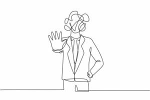hombre de negocios de dibujo de una sola línea con garabatos redondos en lugar de una cabeza. hombre haciendo un gesto de parada con la mano, diciendo que no. señal de advertencia con la palma de la mano. ilustración de vector de diseño de línea continua
