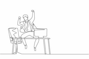 Single one line drawing happy businessman jump with raised hands on the his workplace. Male manager celebrating success of increasing company product sales. Continuous line draw design graphic vector