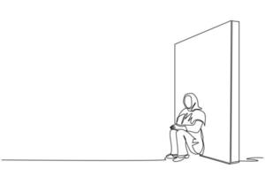 Continuous one line drawing upset Arab businesswoman sitting on floor and lean against the wall. Business concept in failure, sad, lonely, bankruptcy or negative expression. Single line design vector