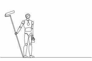 Continuous one line drawing robot painter with bucket of paint and paint roller. Humanoid robot cybernetic organism. Future robotics development. Single line draw design vector graphic illustration