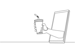 Single continuous line drawing hand holding paper cup with straw through mobile phone. Concept of cafe drink order delivery online food. Application for smartphone. One line draw graphic design vector