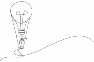 Continuous one line drawing robots using monocular, flying with hot air balloon lightbulb. Humanoid robot cybernetic organism. Future robotics development. Single line draw design vector illustration