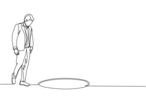 Single continuous line drawing businessman looking at black hole. Man wondering and looking at big hole, business concept in opportunity, exploration or challenge. Dynamic one line draw design vector