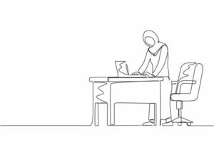 Single one line drawing woman employee working at ergonomic workstation. Office furniture with computer and laptop. Arab female standing on foot rest behind desk. Continuous line design graphic vector