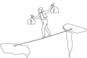 Single continuous line drawing businesswoman walk over cliff gap mountain carry two money bag risking dangerous. Female walking balance on rope bridge. One line draw graphic design vector illustration