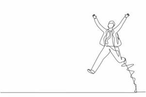 Single continuous line drawing happy businessman jump with both hands raised. Salesman celebrates salary increase and benefits from company. Dynamic one line draw graphic design vector illustration