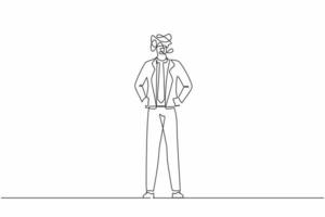 Single continuous line drawing businessman with round scribbles instead of head. Male manager standing and holding hand on hip. Office worker pose. One line draw graphic design vector illustration