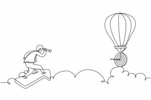 Single one line drawing male employee fly on arrow and using monocular to see business vision on hot air balloon. Business finance goal concept. Continuous line draw design graphic vector illustration