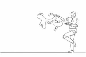 Continuous one line drawing robot throw out pile of money banknotes flying into the air. Humanoid robot cybernetic organism. Future robotics development. Single line draw design vector illustration