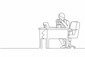 Single continuous line drawing fat obese man using laptop eating burger fast food unhealthy lifestyle concept overweight male freelancer sitting at workplace full length. One line draw design vector