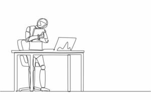 Continuous one line drawing robot standing and hugging laptop at office. Humanoid robot cybernetic organism. Future robotics development concept. Single line draw design vector graphic illustration