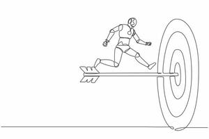 Single continuous line drawing robot run to bullseye with dart. Reach target success. Robotic artificial intelligence. Electronic technology industry. One line draw graphic design vector illustration