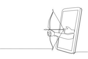 Single continuous line drawing archer hand holds arrow and bow through mobile phone. Smartphone with archery games app. Mobile sports stream championship. Dynamic one line draw graphic design vector