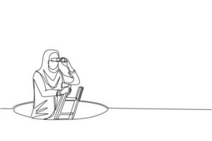 Continuous one line drawing Arab businesswoman climbs out of hole by ladder and using binocular. Business vision and solution concept. Symbol of challenge. Single line draw design vector illustration