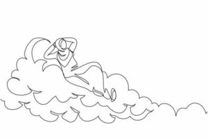Continuous one line drawing successful Arabian businesswoman relaxing laying on clouds. Resting office manager enjoy free time, vacation, holiday. Single line draw design vector graphic illustration