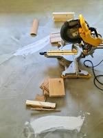 A parquet floor made of wood while it is being freshly installed. photo