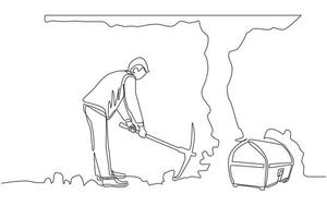 Single one line drawing businessman digging with pickaxe looking for hidden treasures. Man digging and mining for treasure chest in an underground tunnel. Continuous line draw design graphic vector
