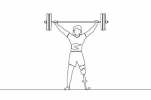 Continuous one line drawing strong disabled bodybuilder sportswoman lifting heavy weight barbell over her head. Weightlifting sport for disability. Single line draw design vector graphic illustration