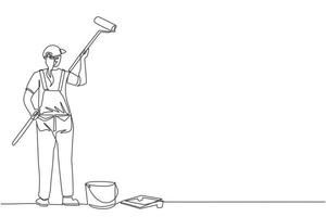 Single continuous line drawing woman painting wall with roller. Vector concept illustration on home repair, renovation, freshen up. Female painter professional at work. One line draw design graphic