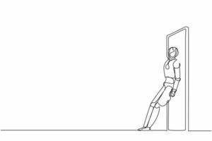 Continuous one line drawing robots standing and pushing door with her back. Humanoid robot cybernetic organism. Future robotics development concept. Single line draw design vector graphic illustration