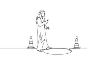 Single one line drawing Arab businessman character going on street watching by smart phone and did not see open manhole. Man walks to business trap. Continuous line design graphic vector illustration