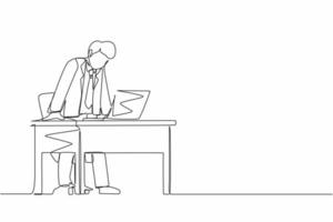 Single continuous line drawing frustrated and furious businessman shouting and screaming screen laptop on his working desk. Bad workspace emotions. One line draw graphic design vector illustration