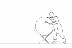 Single continuous line drawing Arab woman hitting bedug or traditional drum for suhoor and iftar time Ramadan. Muslim person calling other people to pray to mosque. One line draw graphic design vector