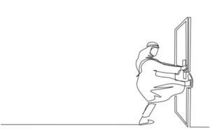 Single continuous line drawing Arabian businessman pulling closed door knob with power. Business struggles. Strength for success. Opening closed doors. One line draw graphic design vector illustration