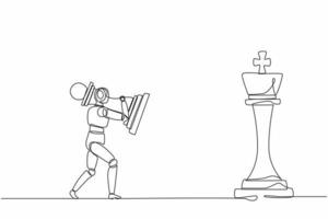 Single one line drawing robot holding pawn chess piece to beat king chess. Future technology development. Artificial intelligence machine learning process. Continuous line draw design graphic vector