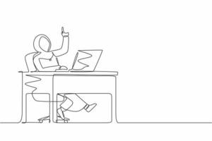 Continuous one line drawing Arab businesswoman getting bright new idea while working with laptop on desk. Female manager working with computer at desk. People get idea. Single line draw design vector