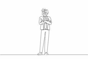 Continuous one line drawing businessman with round scribbles instead of head. Male manager in blazer keeping arms crossed. Male standing with folded arms pose. Single line graphic design vector