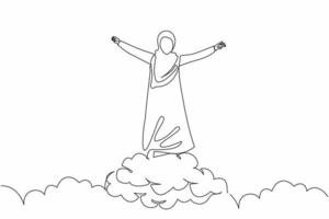 Single continuous line drawing Arab businesswoman on top of cloud with raised hands. Successful office worker. Financial freedom, happiness, peaceful. One line draw graphic design vector illustration