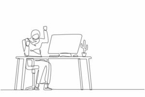 Continuous one line drawing happy Arab businesswoman sitting on workplace with raised one hand high and raised the other. Worker celebrates salary increase from company. Single line draw design vector