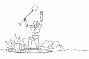 Continuous one line drawing happy robot lifting shovel and finding diamond. Humanoid robot cybernetic organism. Future robotics development concept. Single line draw design vector graphic illustration