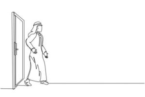 Continuous one line drawing young Arabian businessman walking and leaving closed door. New business ventures. Entering new market. Career growth. Single line draw design vector graphic illustration