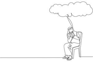 Continuous one line drawing Arab businessman sitting under rain cloud. Business failure. Worried man thinking about business with negative trend. Collapse of economy. Single line design vector graphic