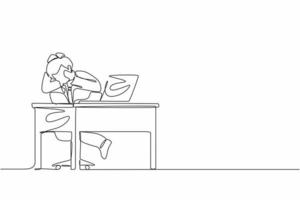 Single continuous line drawing scared man manager looking at laptop computer screen. Shocked male watching video on his notebook computer at home. One line draw graphic design vector illustration