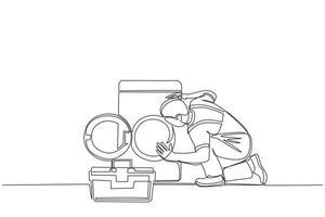 Single continuous line drawing professional repairman fixing washing machine at home. Plumbing specialist with toolbox fixing, repairing washer, washing machine. One line draw graphic design vector