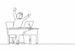 concepto de tecnología de trabajo en línea ganador de dibujo continuo de una línea. hombre de negocios árabe se encuentra en el cargo con la mano levantada frente a la pantalla de la computadora celebrando el éxito. vector de diseño de dibujo de una sola línea