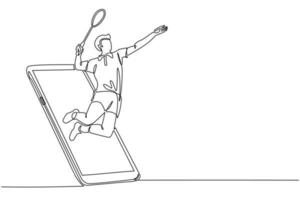 Single one line drawing man badminton player jump hit shuttlecock getting out of smartphone screen. Online badminton game with live mobile app. Continuous line draw design graphic vector illustration