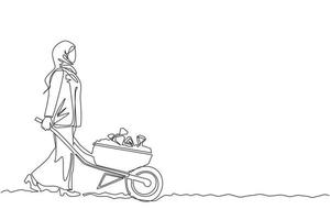 Single one line drawing Arabian businesswoman in hijab pushing cart full of diamonds. Wheelbarrow with golds, jewelry, precious stone. Business and finance concept. Continuous line draw design vector