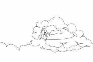 Continuous one line drawing Arabian businesswoman lay on the clouds, dreaming or thinking about new business improvement. Female resting after work. Single line draw design vector graphic illustration