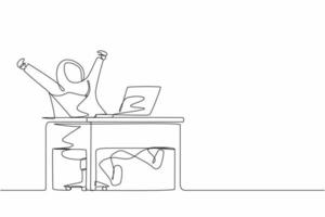 Continuous one line drawing happy Arab businesswoman sitting in chair at desk using laptop celebrating win with hands raised. Celebrating win, positive emotions concept. Single line draw design vector