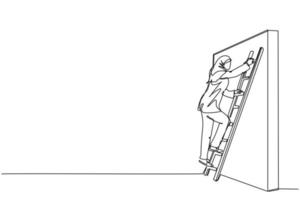 Continuous one line drawing Arab businesswoman climbing up the wall with ladder. Business obstacle metaphor. Symbol for career growth, finding creative solution. Single line draw design vector graphic