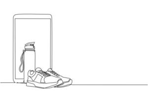 Single continuous line drawing running sneaker and mineral bottled water with smartphone. Idea of healthy and active lifestyle. Healthy lifestyle concept. Dynamic one line draw graphic design vector