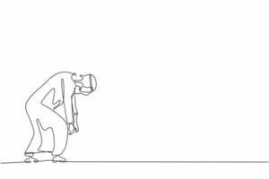 Continuous one line drawing sad Arab businessman bowed down. Man feeling lonely and having mental pressure or stress. Bankruptcy on global economic recession, failure. Single line draw design vector