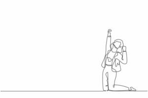 Single continuous line drawing happy businesswoman kneeling with raised one hand high and raised the other. Saleswoman celebrates salary increase from company. One line draw design vector illustration