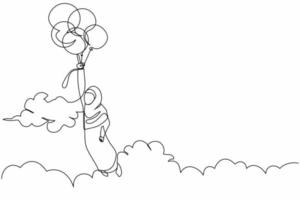 Single continuous line drawing Arabian businesswoman floating with flying balloon through cloud. Office worker reaches goal, achieve target, solution. One line draw graphic design vector illustration